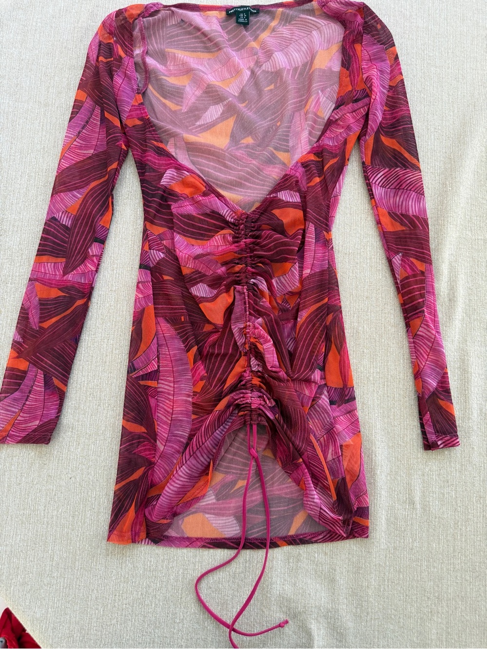 PrettyLittleThing Pink and Red Ruched Mesh Mini Dress